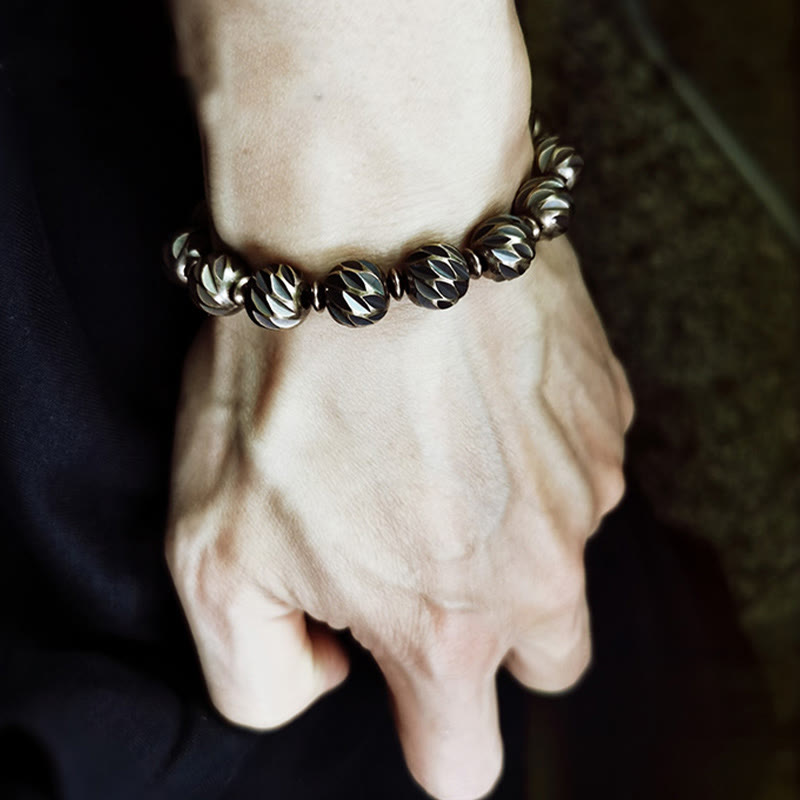 Vintage Distressed Knife Carving Pattern Copper Brass Beads Wealth Bracelet