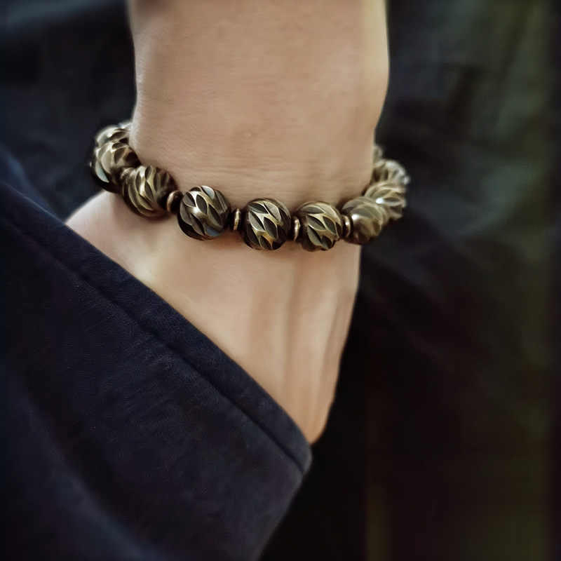 Vintage Distressed Knife Carving Pattern Copper Brass Beads Wealth Bracelet