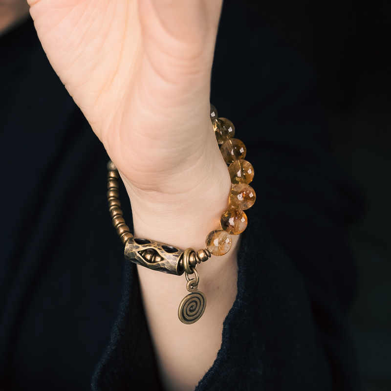 Daily Retro 10mm Citrine Beads with Brass and Copper Accents Bracelet