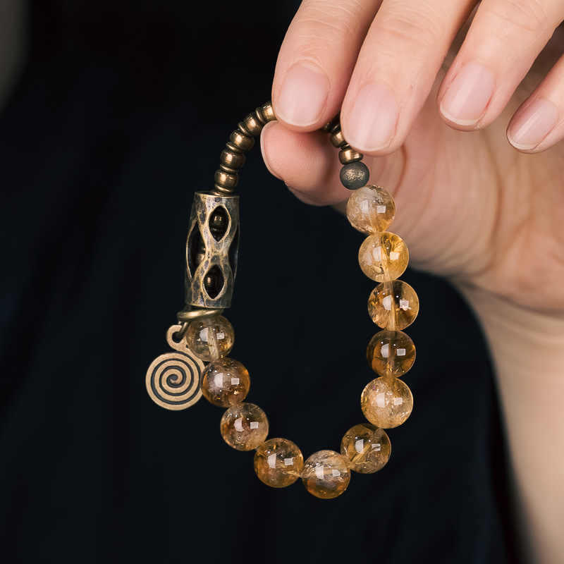 Daily Retro 10mm Citrine Beads with Brass and Copper Accents Bracelet