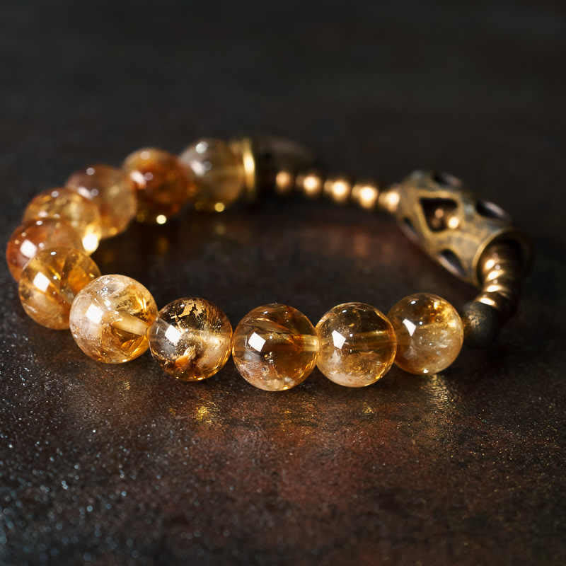 Daily Retro 10mm Citrine Beads with Brass and Copper Accents Bracelet