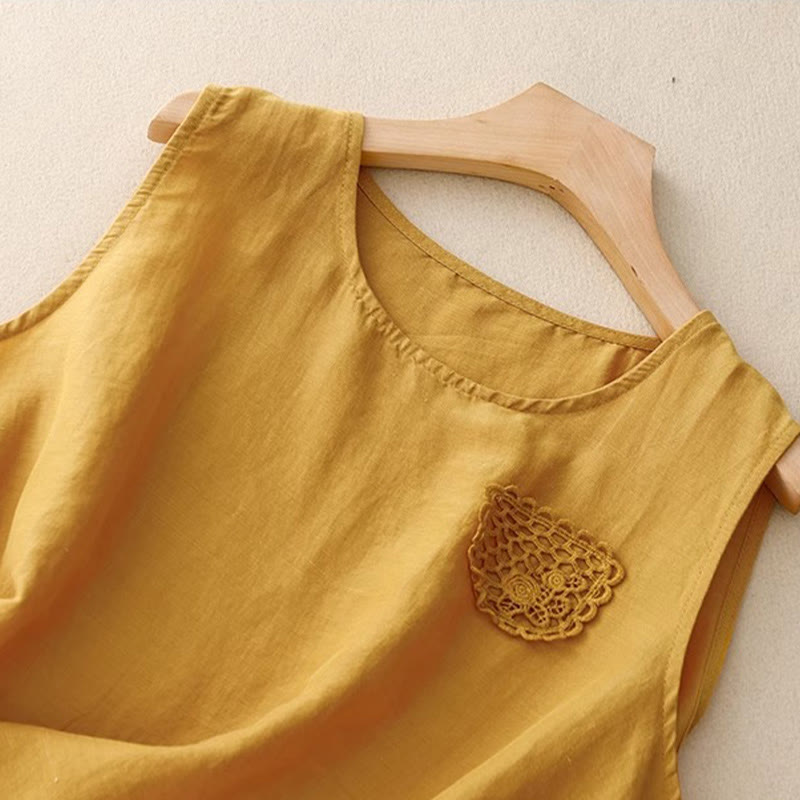 Casual Pure Color Embroidery Patchwork Design Sleeveless Crew Neck Women's Cotton Linen Vest