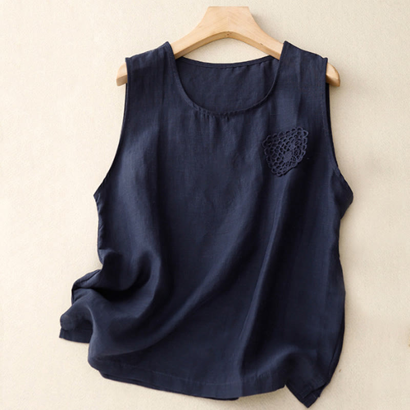 Casual Pure Color Embroidery Patchwork Design Sleeveless Crew Neck Women's Cotton Linen Vest