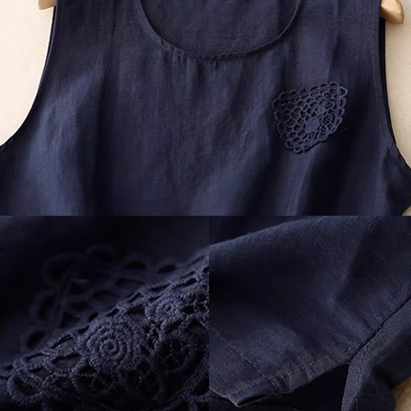 Casual Pure Color Embroidery Patchwork Design Sleeveless Crew Neck Women's Cotton Linen Vest