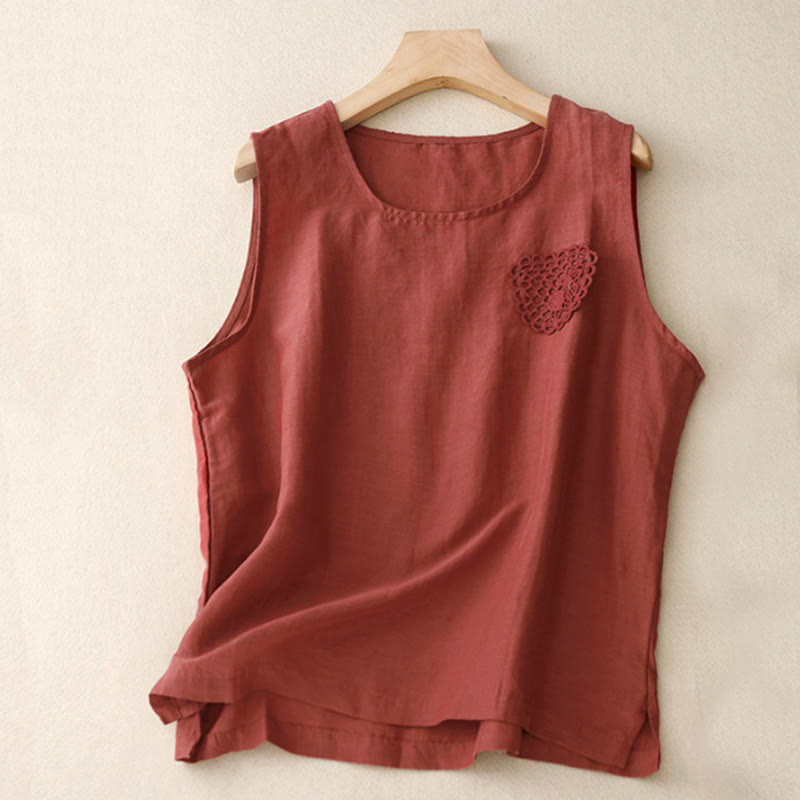 Casual Pure Color Embroidery Patchwork Design Sleeveless Crew Neck Women's Cotton Linen Vest