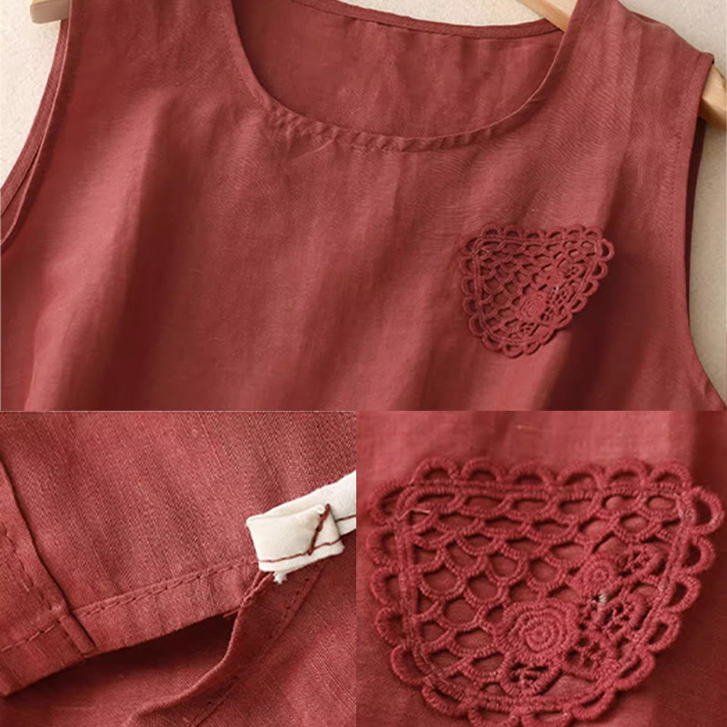 Casual Pure Color Embroidery Patchwork Design Sleeveless Crew Neck Women's Cotton Linen Vest