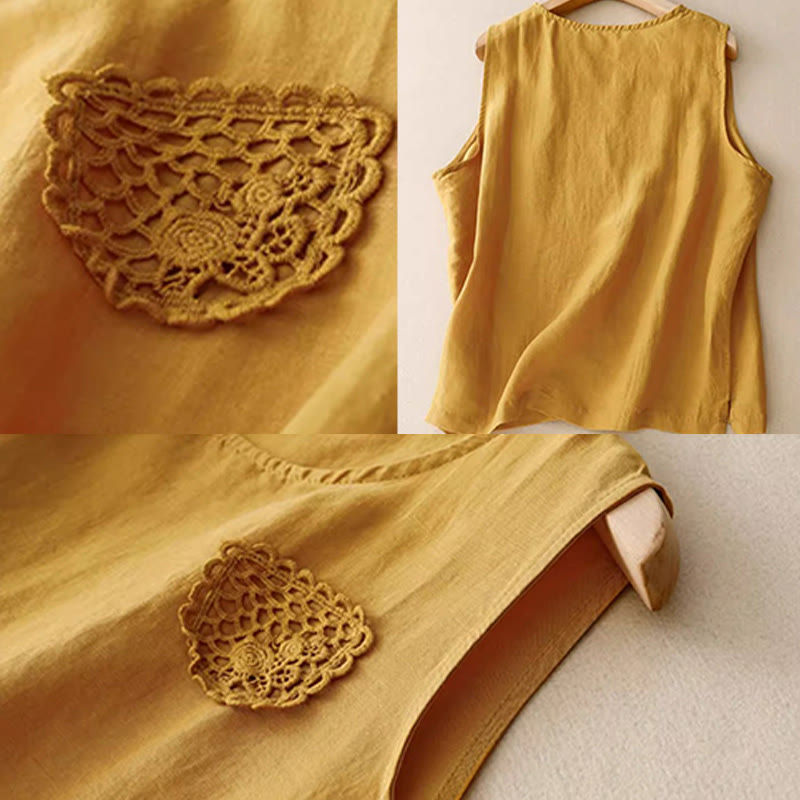 Casual Pure Color Embroidery Patchwork Design Sleeveless Crew Neck Women's Cotton Linen Vest