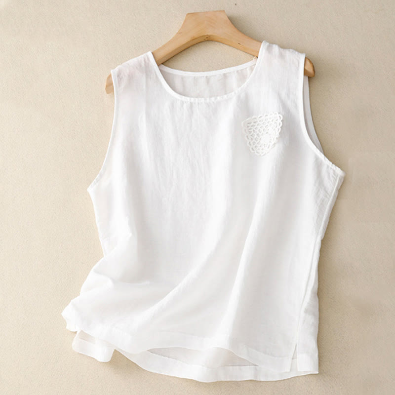 Casual Pure Color Embroidery Patchwork Design Sleeveless Crew Neck Women's Cotton Linen Vest
