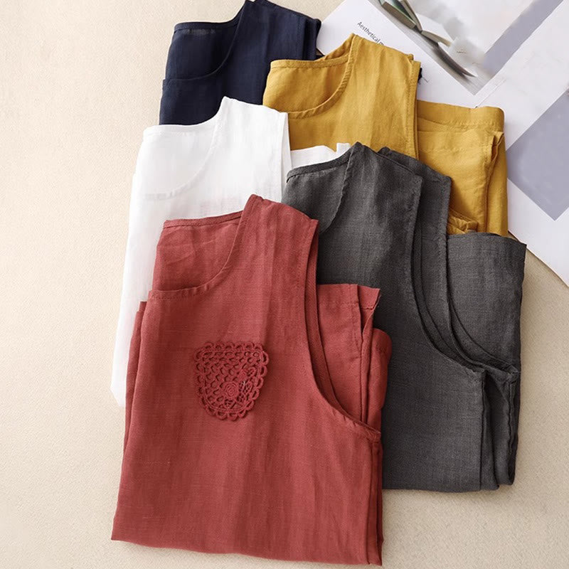 Casual Pure Color Embroidery Patchwork Design Sleeveless Crew Neck Women's Cotton Linen Vest