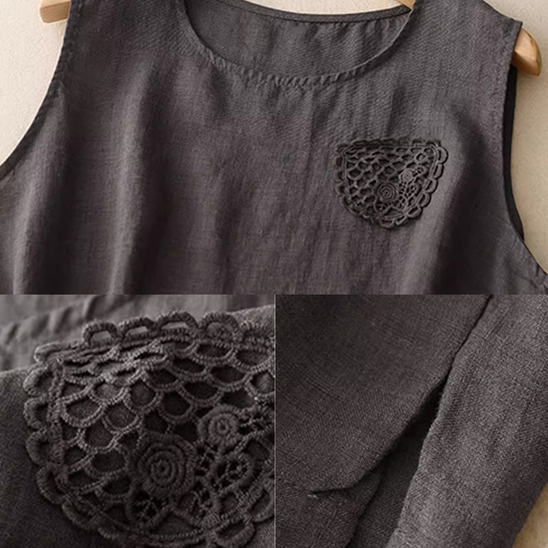 Casual Pure Color Embroidery Patchwork Design Sleeveless Crew Neck Women's Cotton Linen Vest