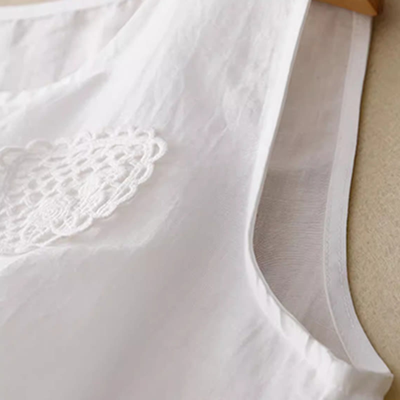 Casual Pure Color Embroidery Patchwork Design Sleeveless Crew Neck Women's Cotton Linen Vest