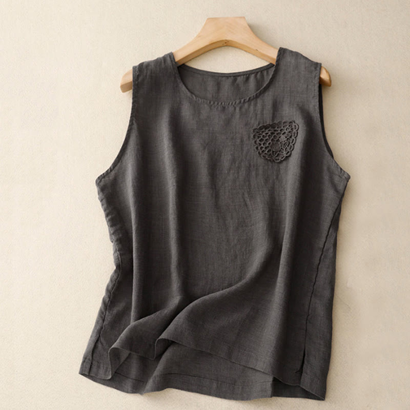 Casual Pure Color Embroidery Patchwork Design Sleeveless Crew Neck Women's Cotton Linen Vest