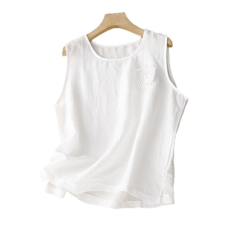 Casual Pure Color Embroidery Patchwork Design Sleeveless Crew Neck Women's Cotton Linen Vest