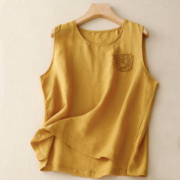 Casual Pure Color Embroidery Patchwork Design Sleeveless Crew Neck Women's Cotton Linen Vest