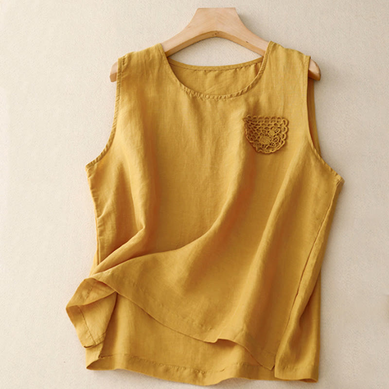 Casual Pure Color Embroidery Patchwork Design Sleeveless Crew Neck Women's Cotton Linen Vest