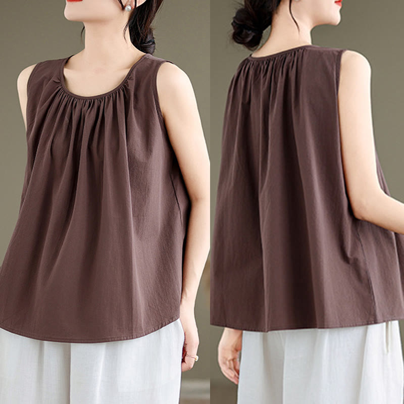 Tactile Cotton Linen Pleated Crew Neck Mindful Meditation Vest