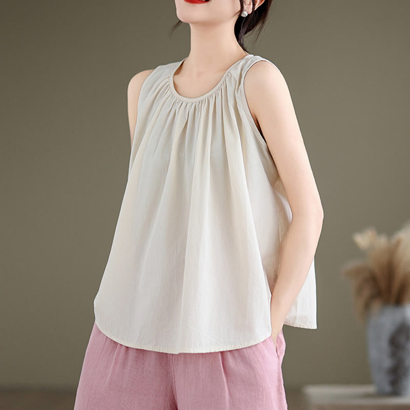 Tactile Cotton Linen Pleated Crew Neck Mindful Meditation Vest
