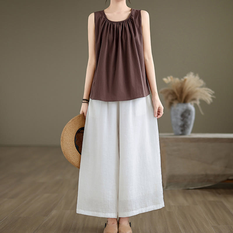 Tactile Cotton Linen Pleated Crew Neck Mindful Meditation Vest