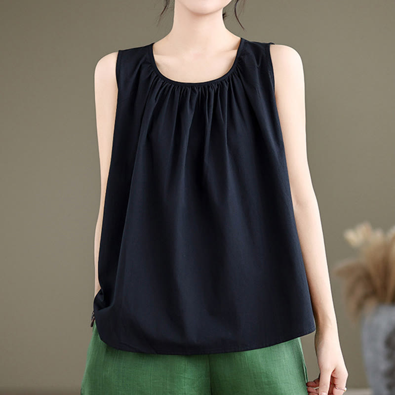 Tactile Cotton Linen Pleated Crew Neck Mindful Meditation Vest