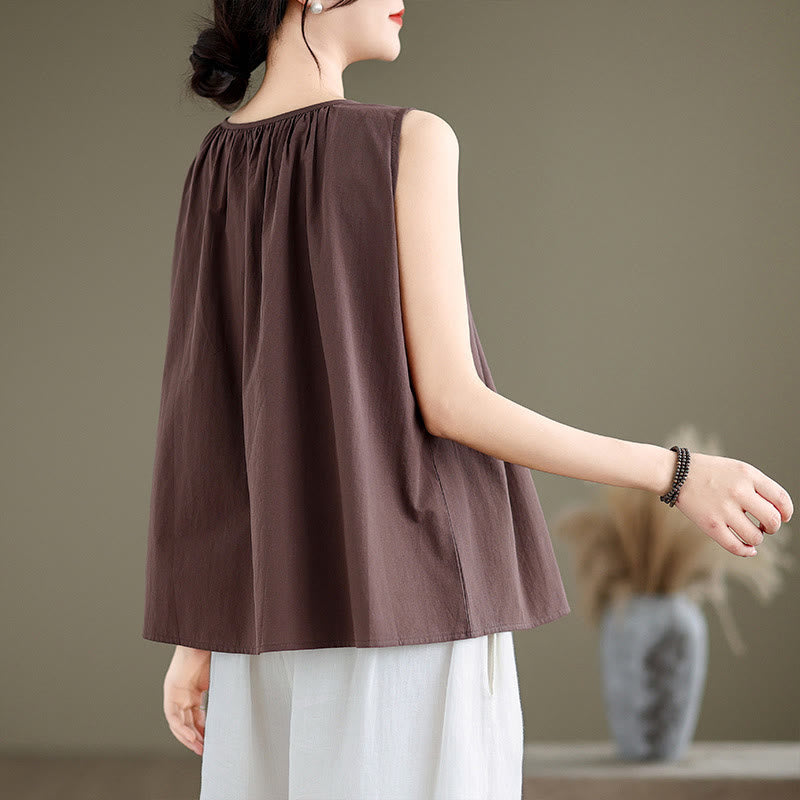 Tactile Cotton Linen Pleated Crew Neck Mindful Meditation Vest