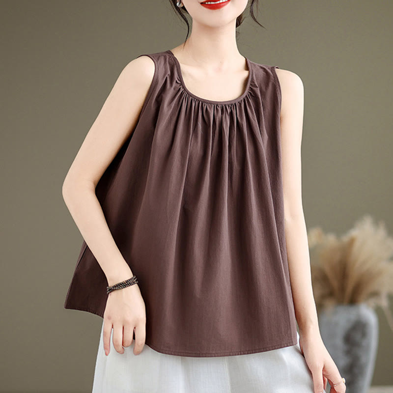 Tactile Cotton Linen Pleated Crew Neck Mindful Meditation Vest