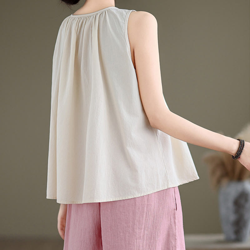 Tactile Cotton Linen Pleated Crew Neck Mindful Meditation Vest