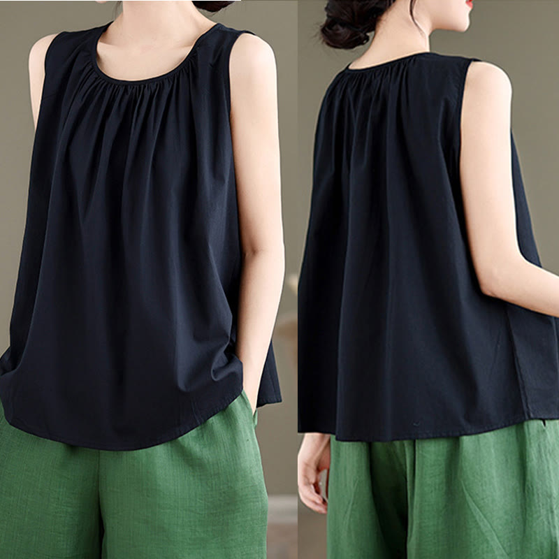 Tactile Cotton Linen Pleated Crew Neck Mindful Meditation Vest
