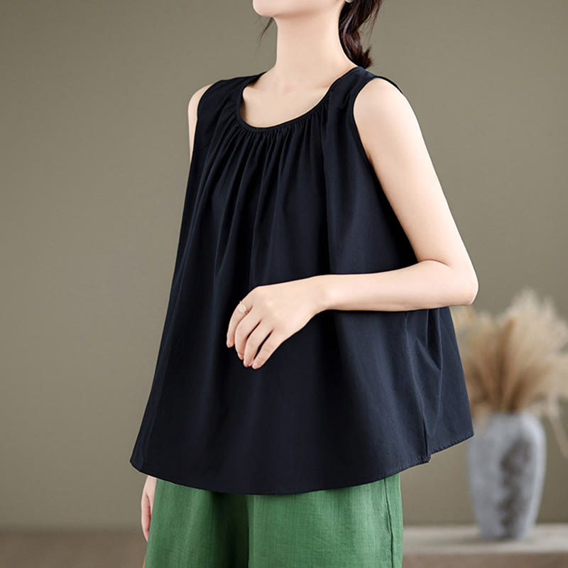 Tactile Cotton Linen Pleated Crew Neck Mindful Meditation Vest