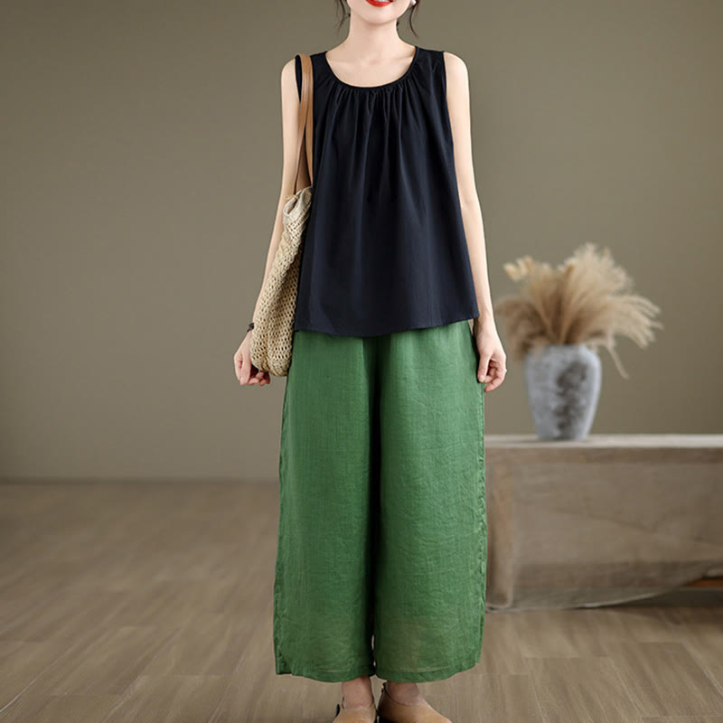 Tactile Cotton Linen Pleated Crew Neck Mindful Meditation Vest