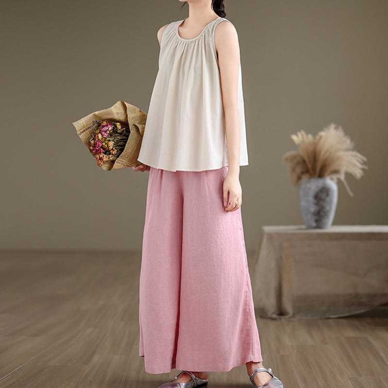 Tactile Cotton Linen Pleated Crew Neck Mindful Meditation Vest