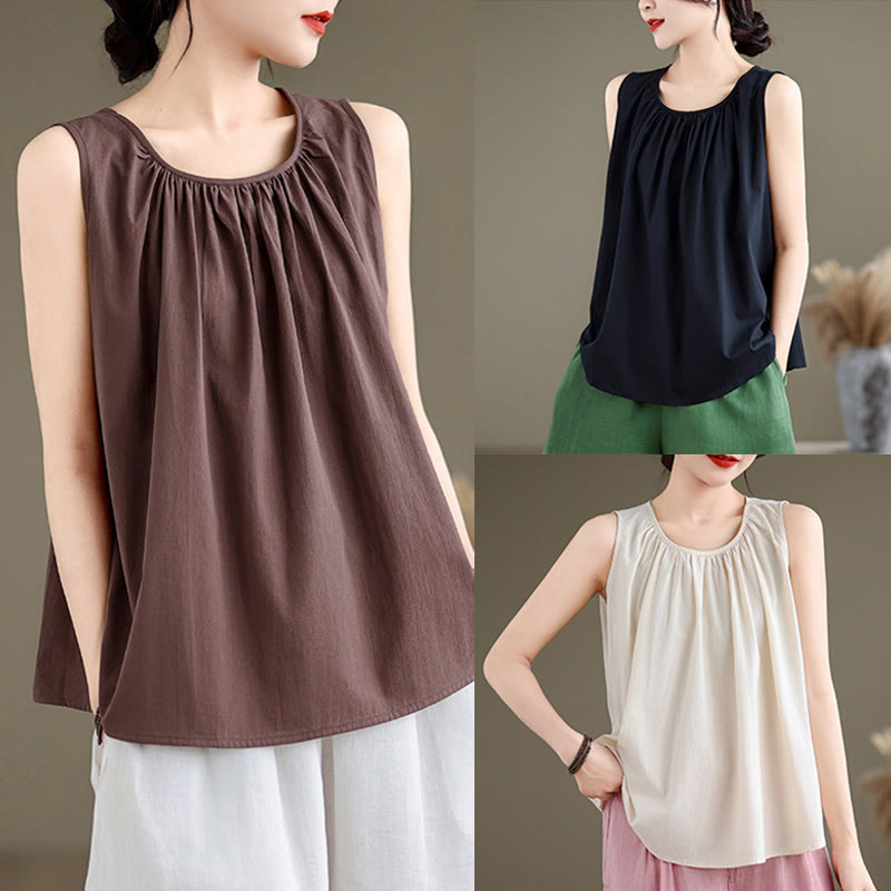 Tactile Cotton Linen Pleated Crew Neck Mindful Meditation Vest