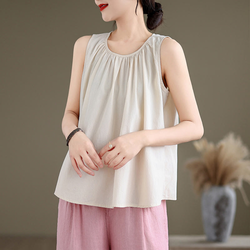 Tactile Cotton Linen Pleated Crew Neck Mindful Meditation Vest