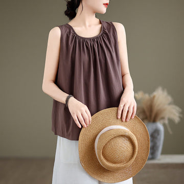 Tactile Cotton Linen Pleated Crew Neck Mindful Meditation Vest