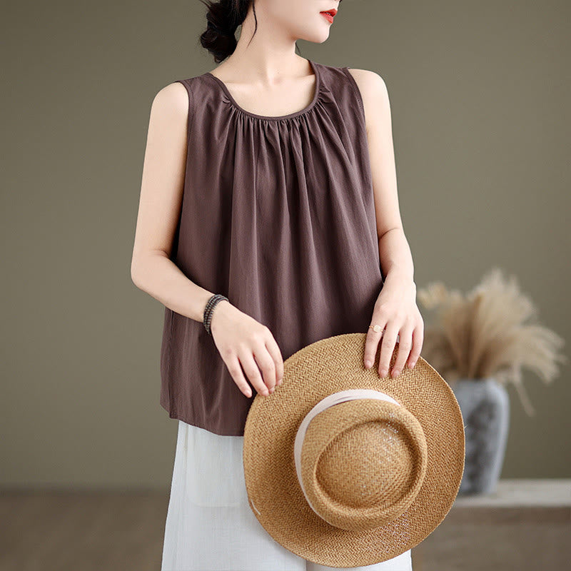 Tactile Cotton Linen Pleated Crew Neck Mindful Meditation Vest