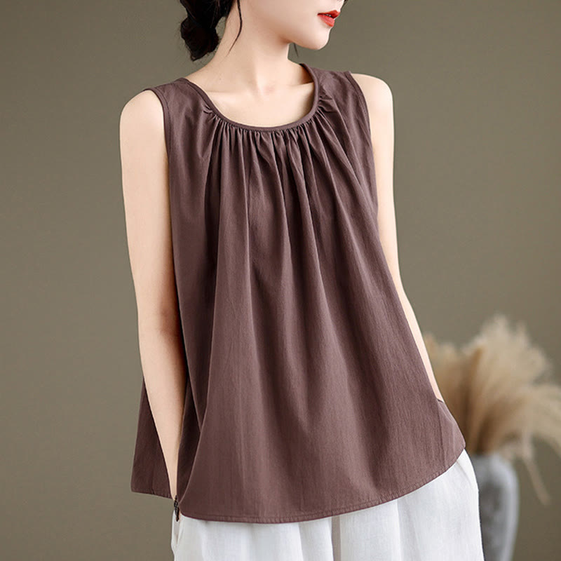 Tactile Cotton Linen Pleated Crew Neck Mindful Meditation Vest