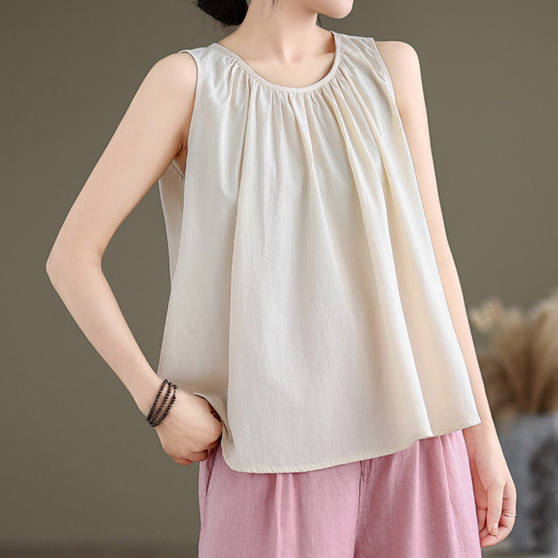 Tactile Cotton Linen Pleated Crew Neck Mindful Meditation Vest