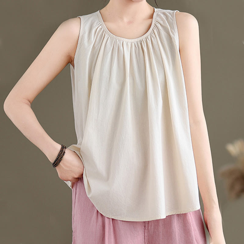 Tactile Cotton Linen Pleated Crew Neck Mindful Meditation Vest
