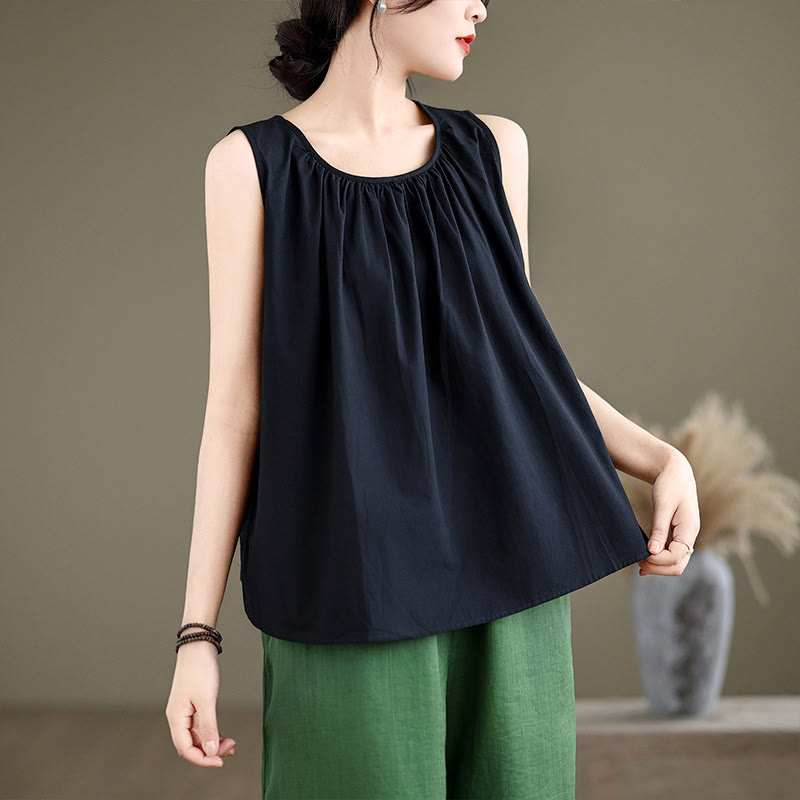 Tactile Cotton Linen Pleated Crew Neck Mindful Meditation Vest