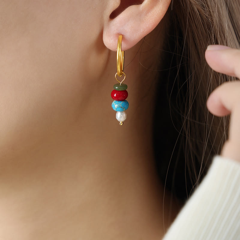 Tibetan Marnyi Stone Design Natural Red Agate Pearl Confidence Titanium Steel Earrings