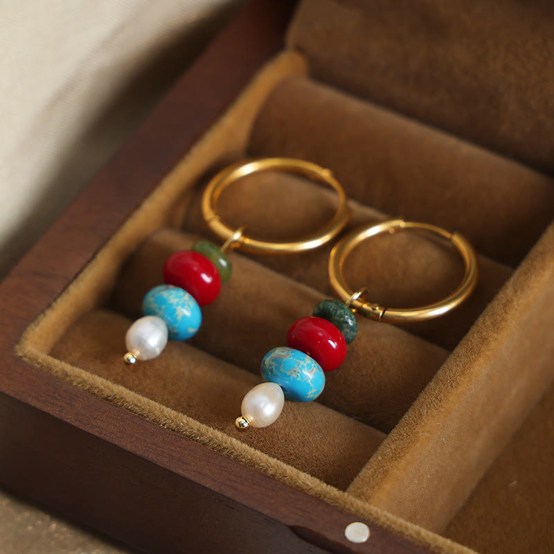 Tibetan Marnyi Stone Design Natural Red Agate Pearl Confidence Titanium Steel Earrings