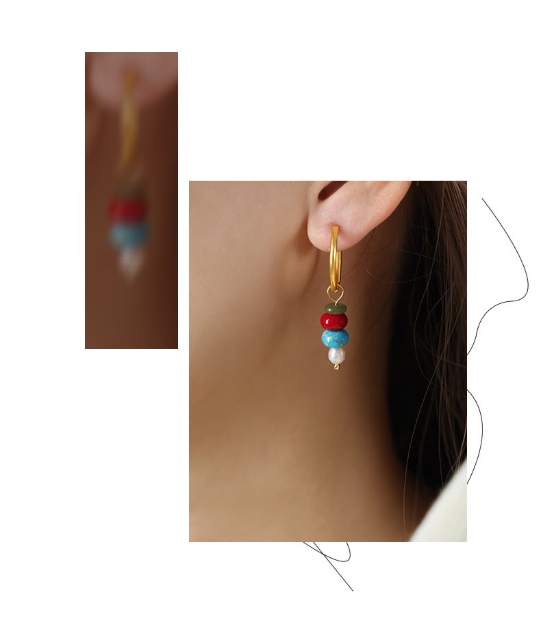 Tibetan Marnyi Stone Design Natural Red Agate Pearl Confidence Titanium Steel Earrings