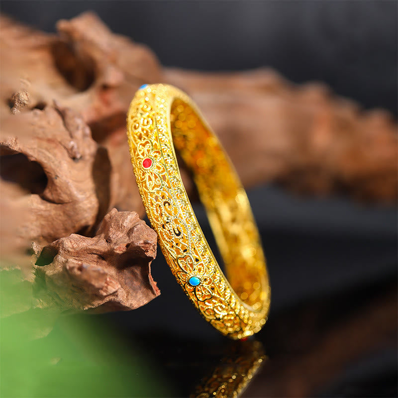 Gold Plated Copper Flower Vine Pattern Floral Bangle Bracelet