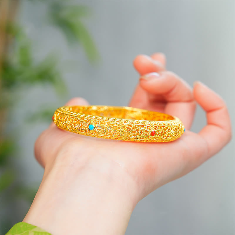 Gold Plated Copper Flower Vine Pattern Floral Bangle Bracelet