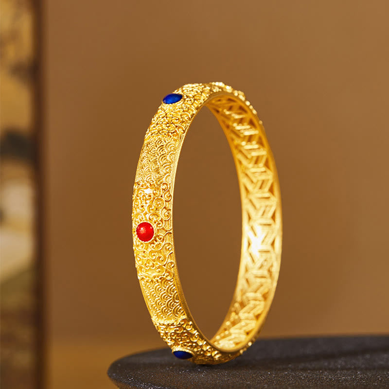 925 Sterling Silver Golden Auspicious Clouds Hollow Design Protection Bracelet Bangle 2.20 IN (56 MM)