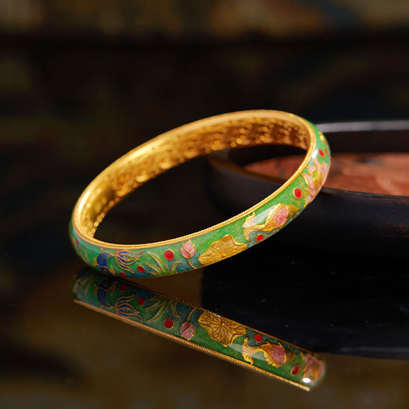 999 Sterling Silver Koi Fish Lotus Hollow Design Wealth Bracelet Bangle 2.28 IN (58 MM)