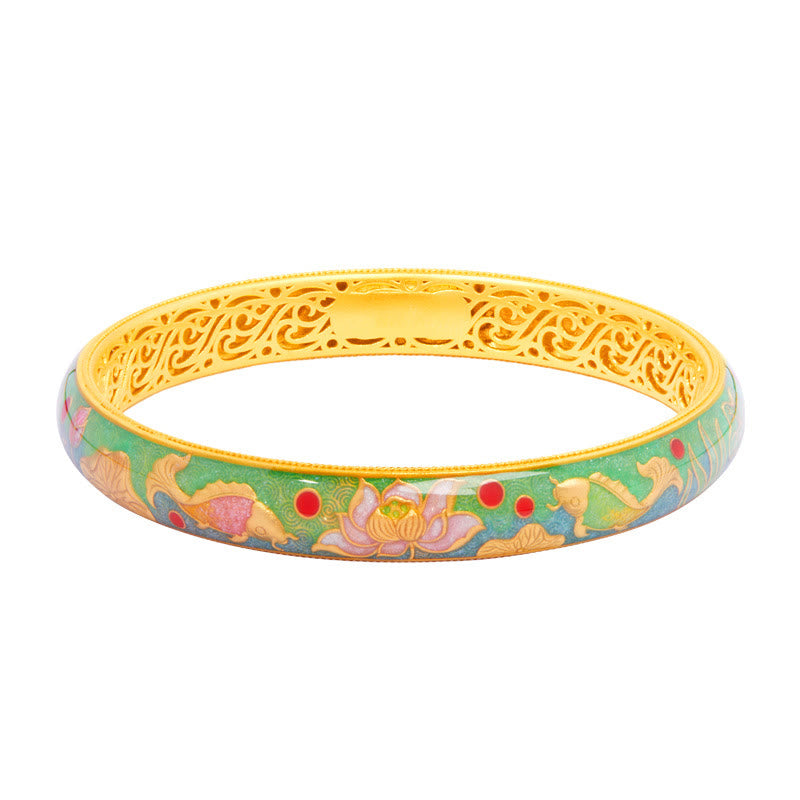 999 Sterling Silver Koi Fish Lotus Hollow Design Wealth Bracelet Bangle 2.28 IN (58 MM)