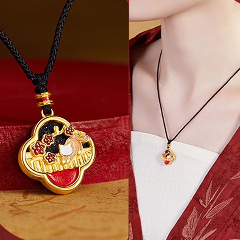 925 Sterling Silver Plum Blossom Cat Four Leaf Clover Blessing Necklace Pendant