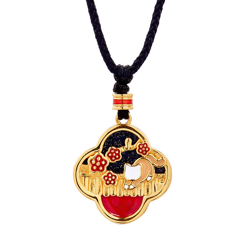 925 Sterling Silver Plum Blossom Cat Four Leaf Clover Blessing Necklace Pendant