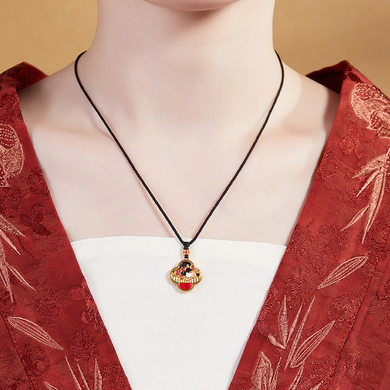 925 Sterling Silver Plum Blossom Cat Four Leaf Clover Blessing Necklace Pendant