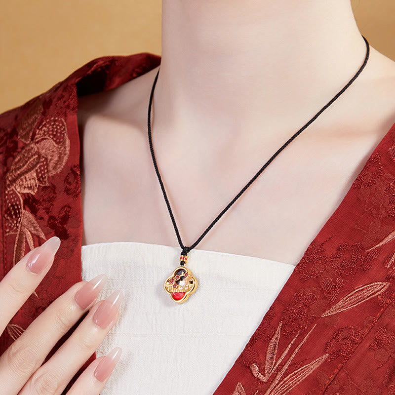 925 Sterling Silver Plum Blossom Cat Four Leaf Clover Blessing Necklace Pendant